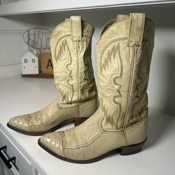 Larry Mahan Shoes - Vintage Larry Mahan Cream Ostrich Leather Western Boots Men’s 9 Women’s 10–10.5